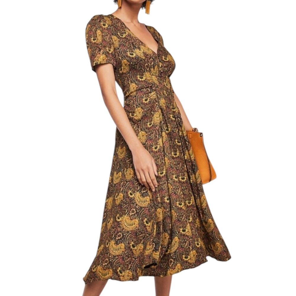 Free People Olivia Midi Dress Smocked Fit Flare Paisley Brown Colorway Gold 0